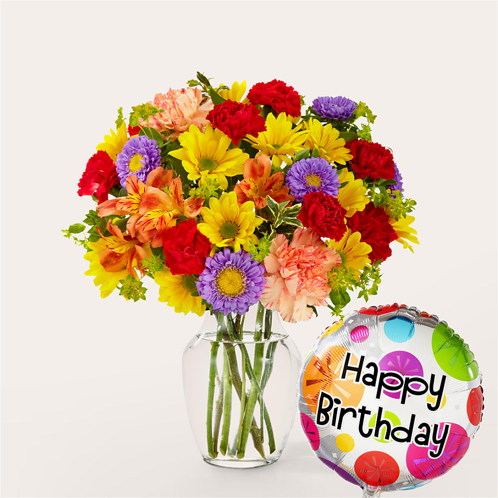 Kaleidoscope Bouquet with Birthday Balloon – Heavenly Plants, Regina SK