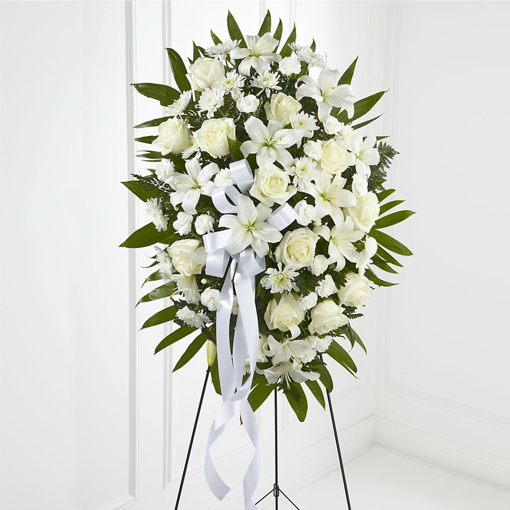 Exquisite Tribute Standing Spray-White Ribbon – Heavenly Plants, Regina SK